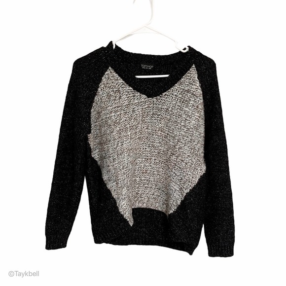 Topshop Knit Pullover Sweater Gray V Neck Heavy, 6 - Picture 2 of 9